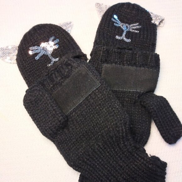 Women's Knit Convertible Fingerless Gloves/Mittens Black w/ Sequin Cat Design - Picture 1 of 10